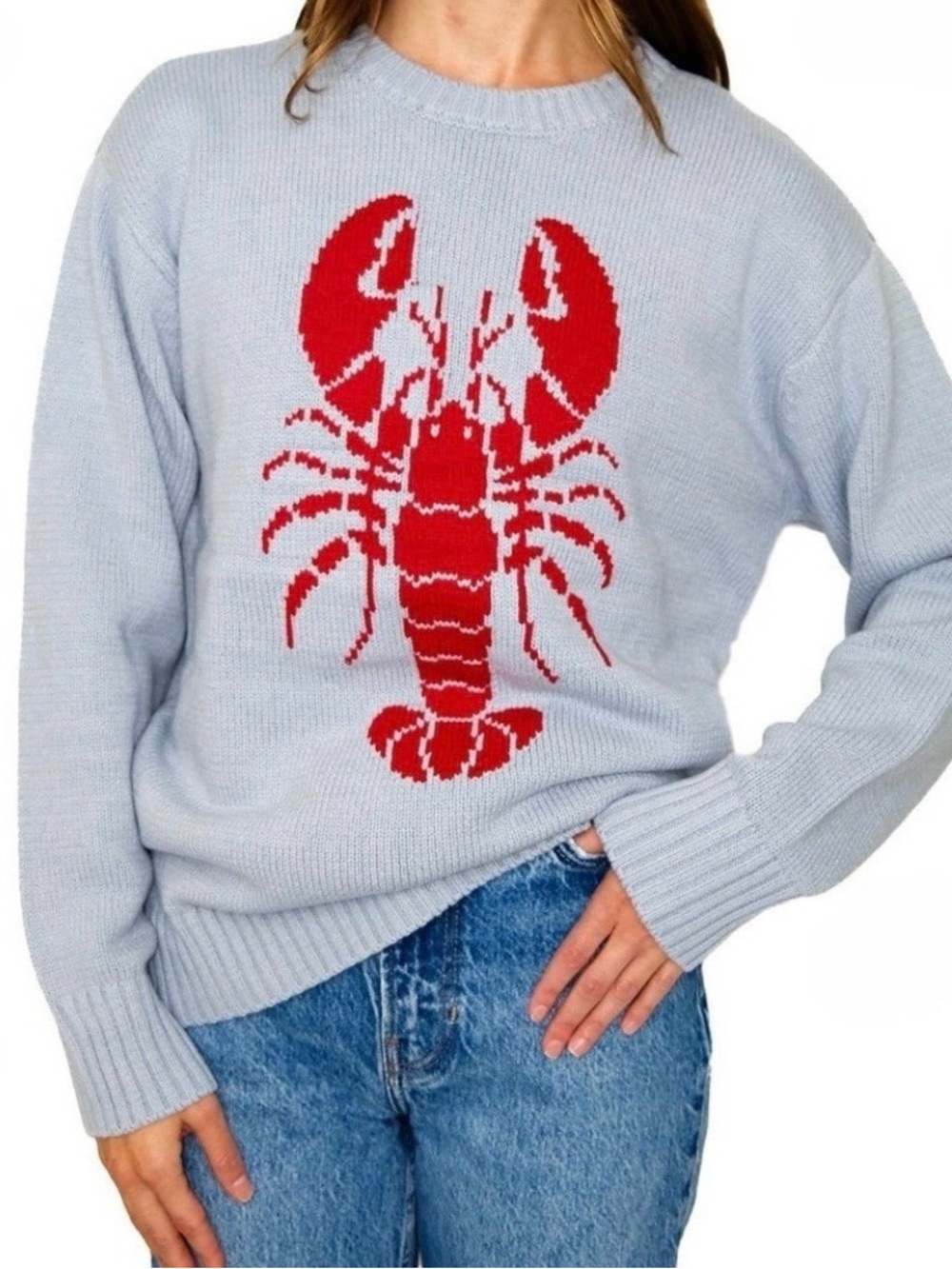 Mighty Fine Light Blue Crewneck Sweater with Red Lobster Graphic; NWT, Sz. L - Picture 2 of 9